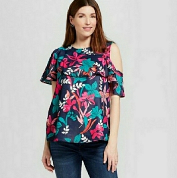*New- ISABEL MATERNITY COLD SHOULDER SHORT SLEEVE TOP SIZE SMALL PINK BLUE - Picture 2 of 4
